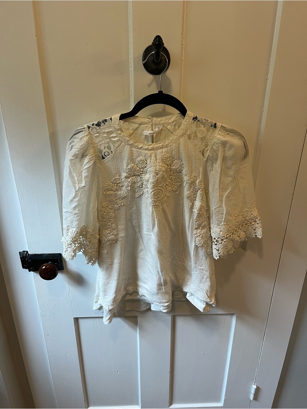 Feather Bone for Anthropologie embroidered lace panel puff-sleeve blouse Size S